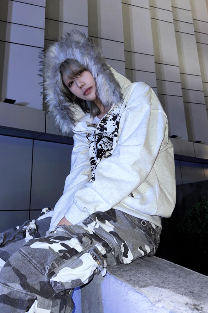 white lettering fur hoodie ZC21120