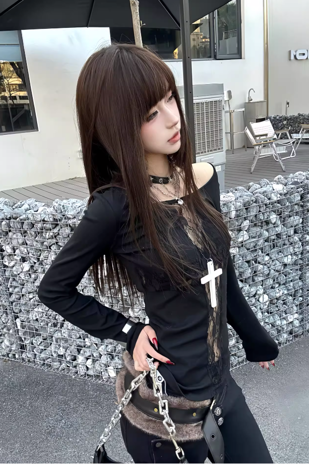gothic cross lace long tee ZC21225