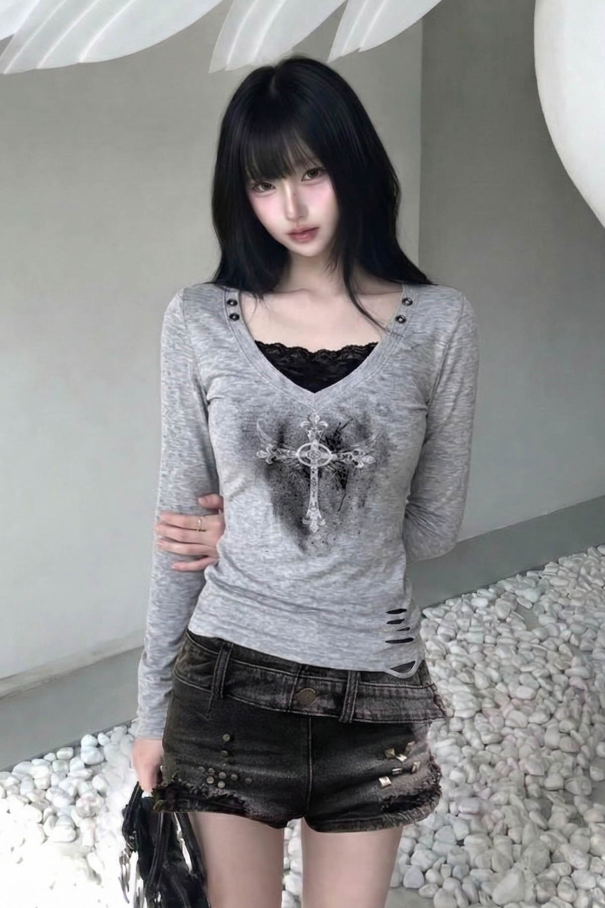 lace layered cross top ZC21247