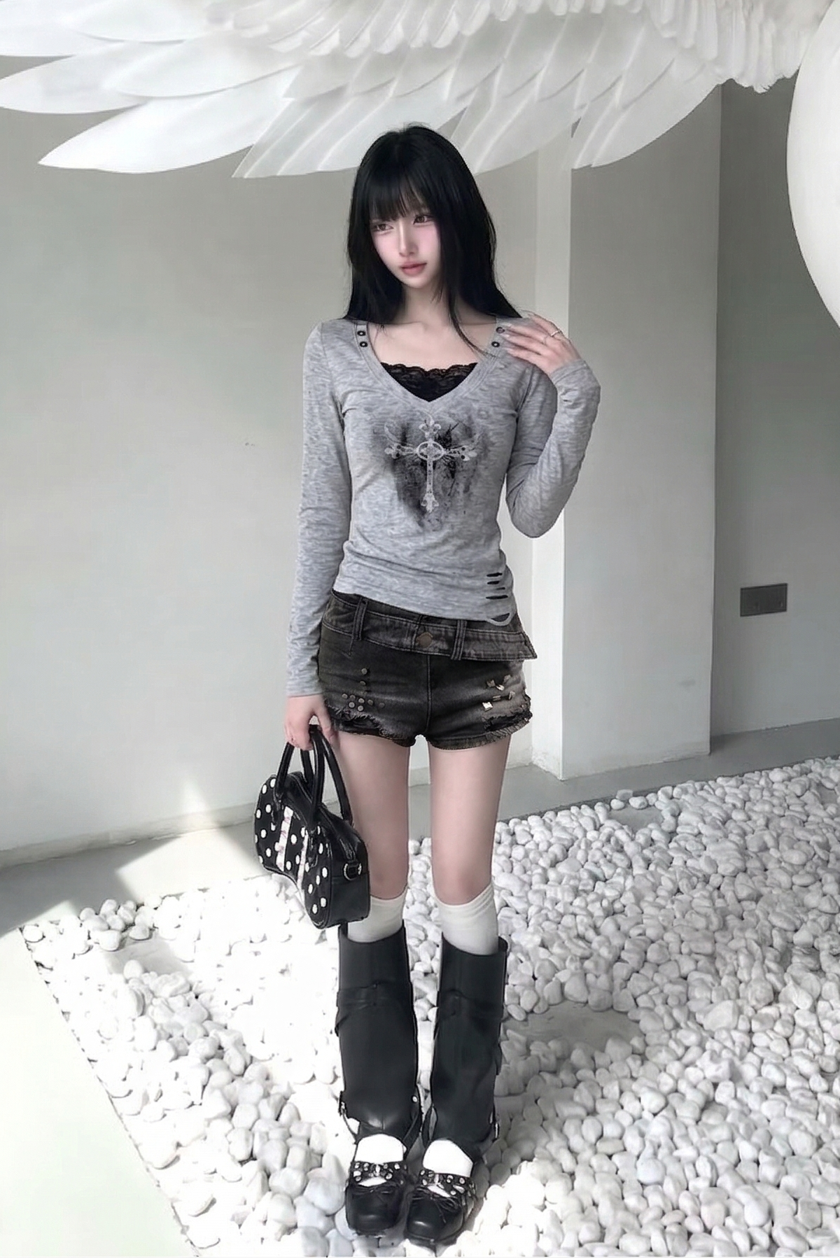 lace layered cross top ZC21247