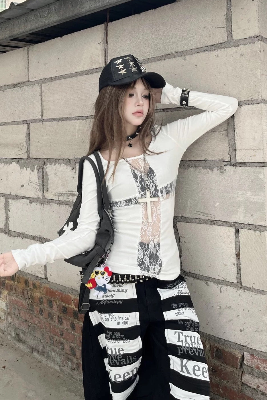 gothic cross lace long tee ZC21225