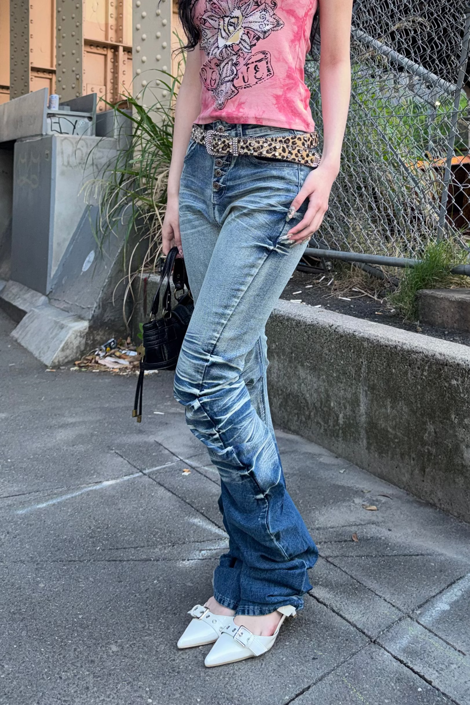 vintage wash gathere denim ZC19436