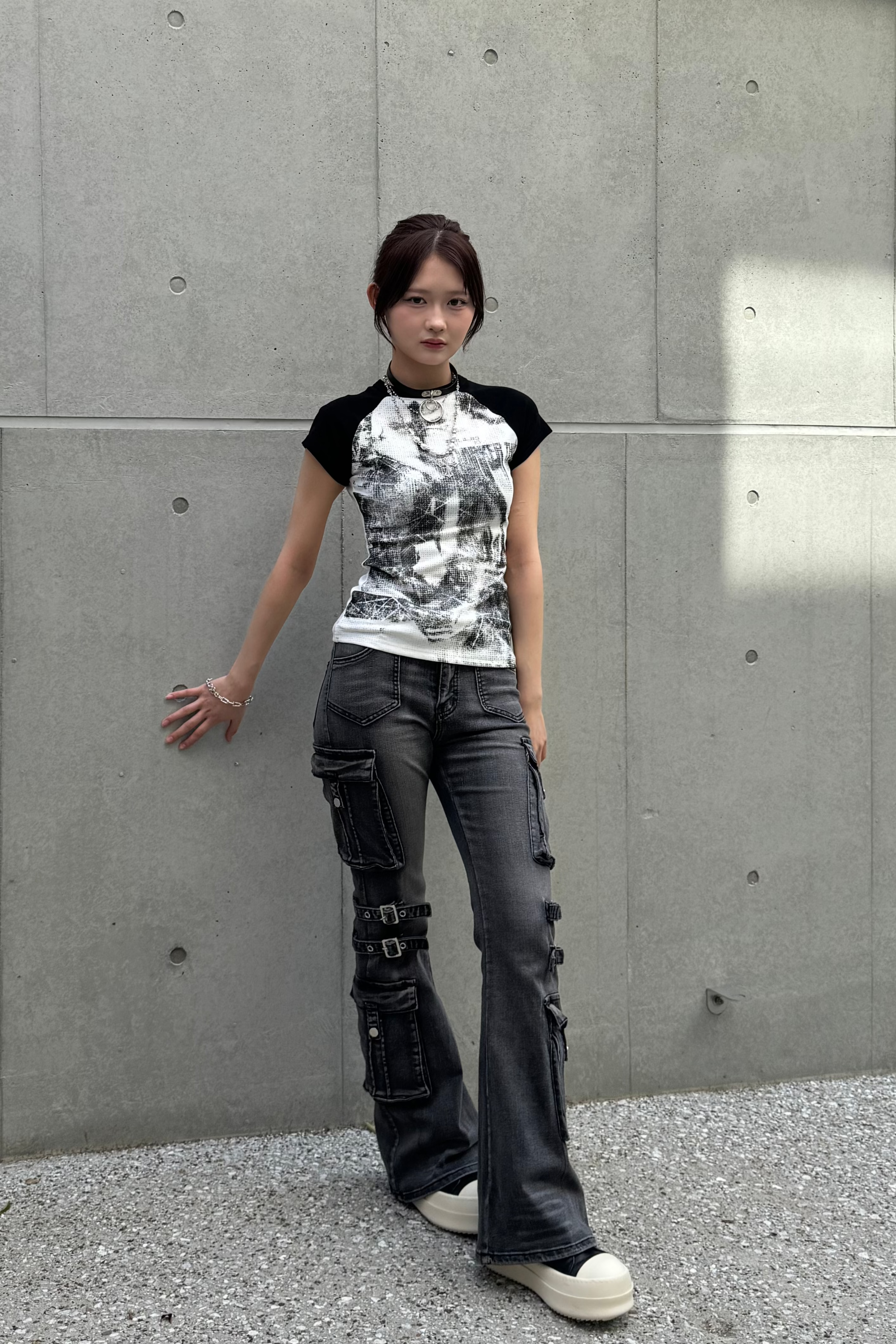 wash design belt flare pants ZC19275