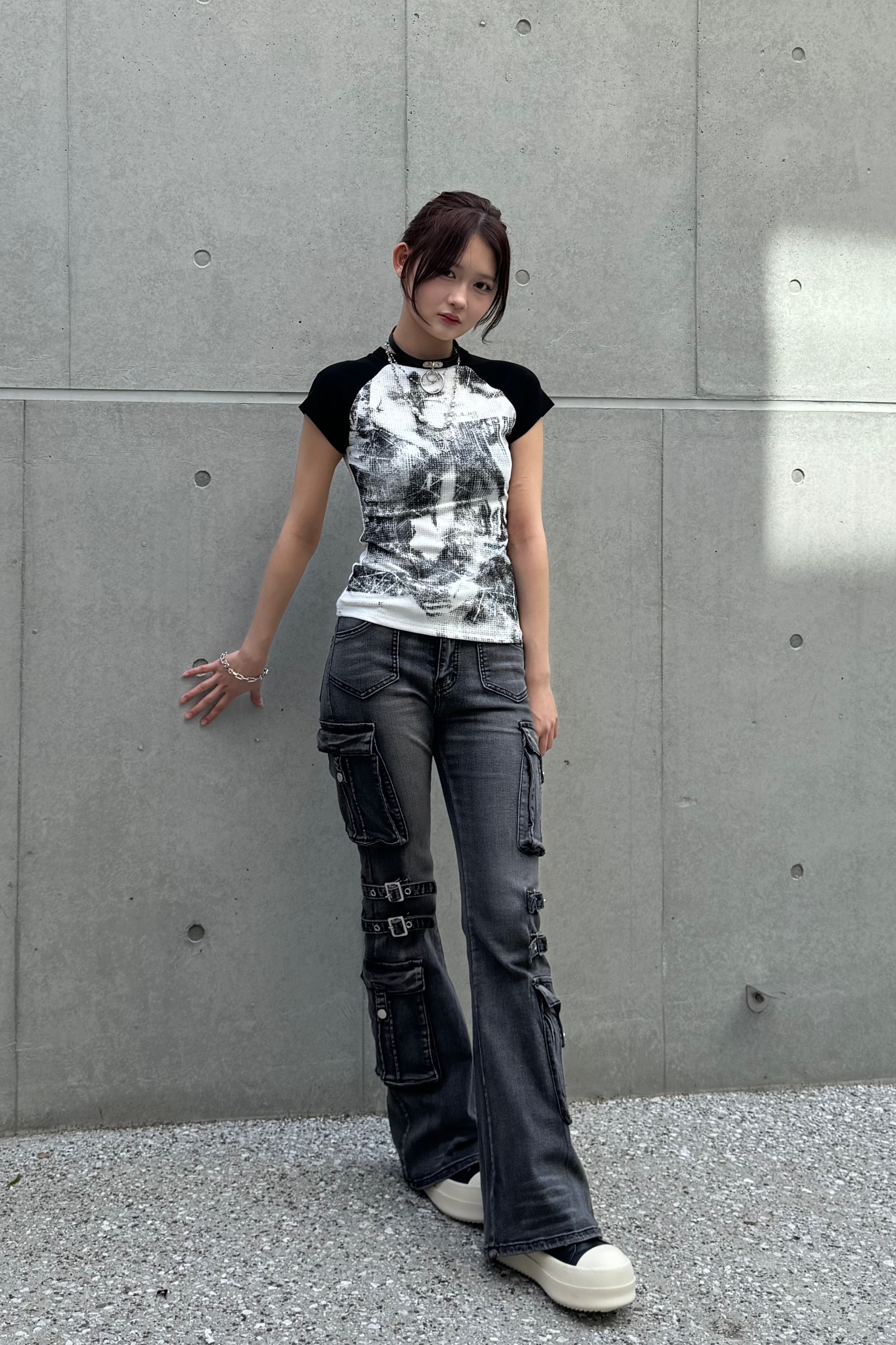 wash design belt flare pants ZC19275