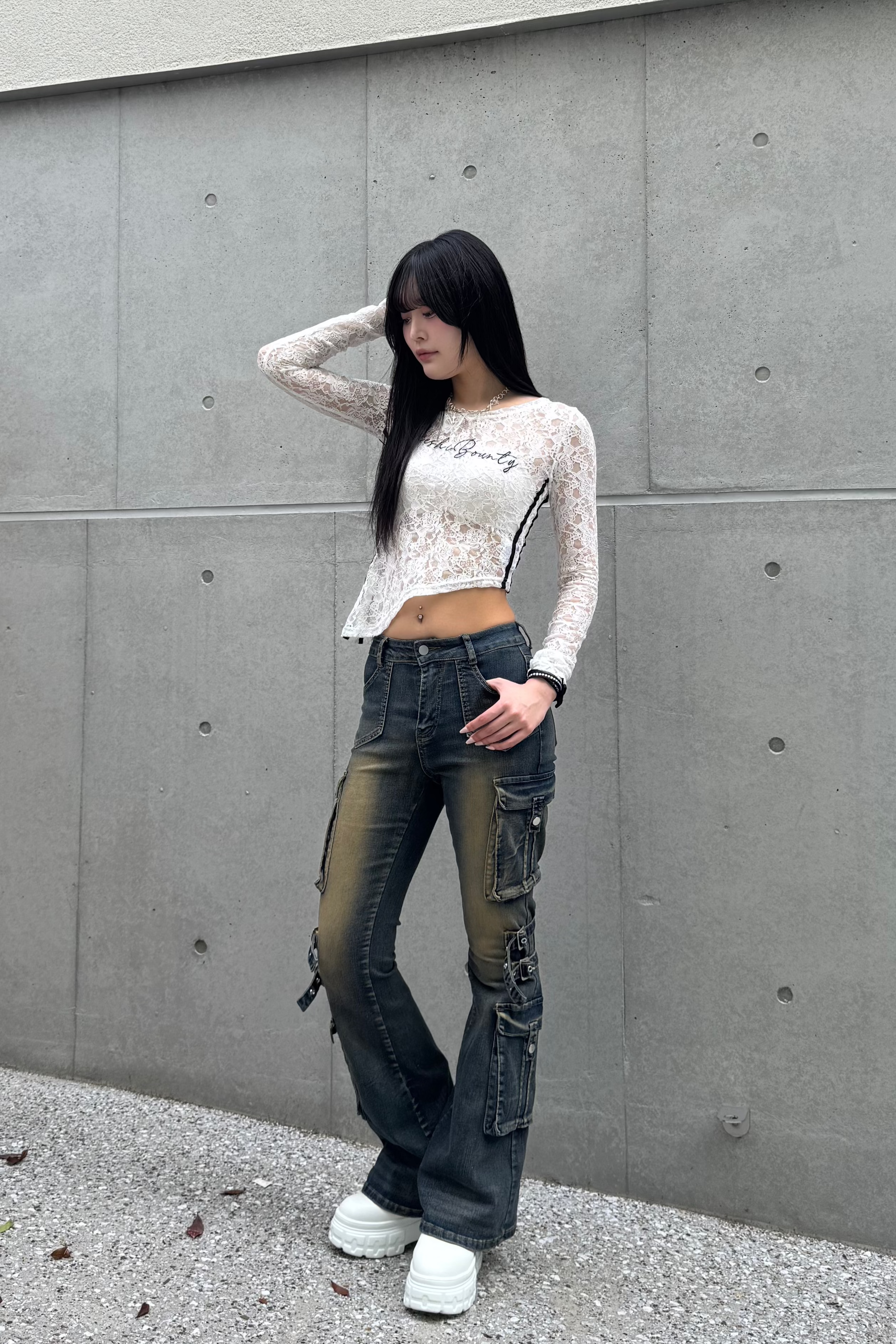 wash design belt flare pants ZC19275