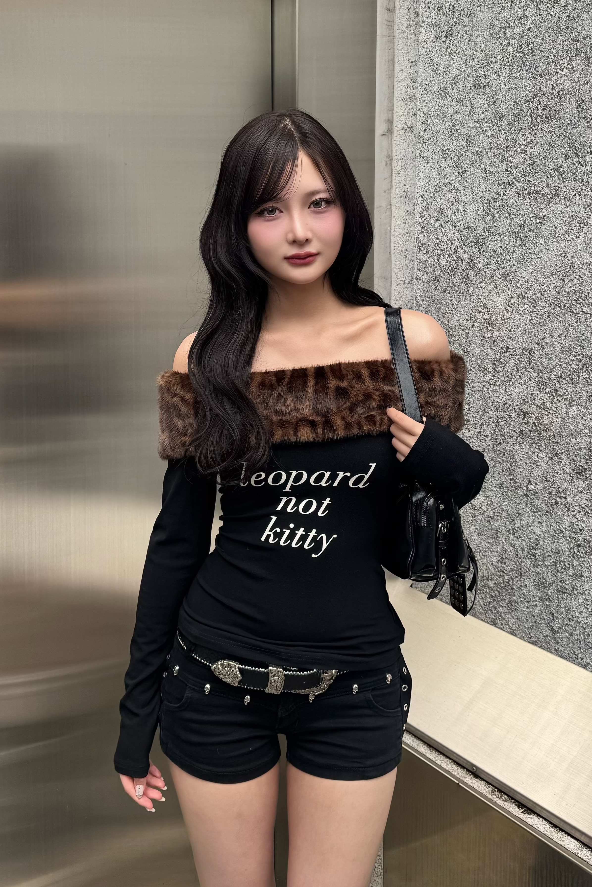 leopard fur slim off shoulder ZC21173