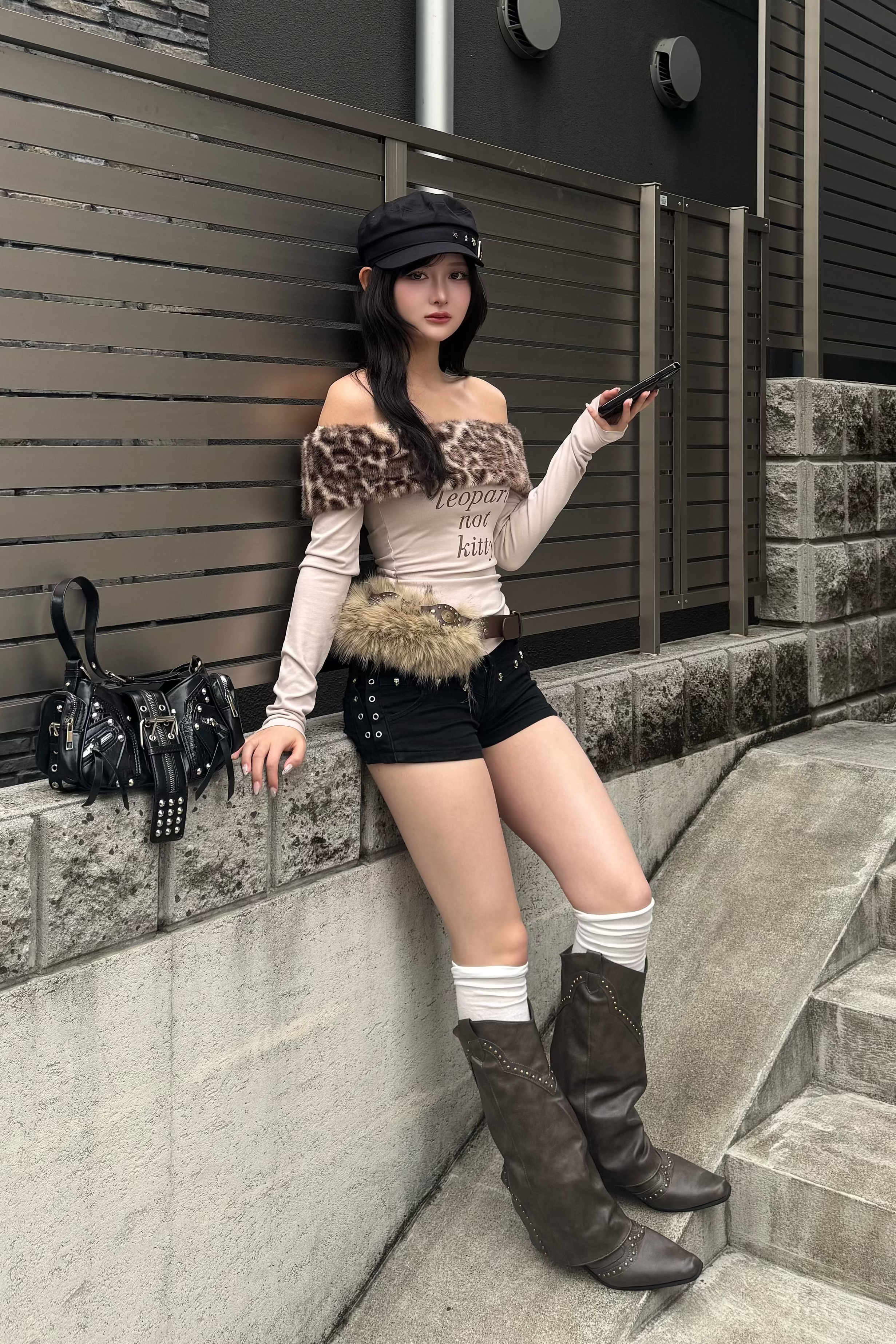 leopard fur slim off shoulder ZC21173