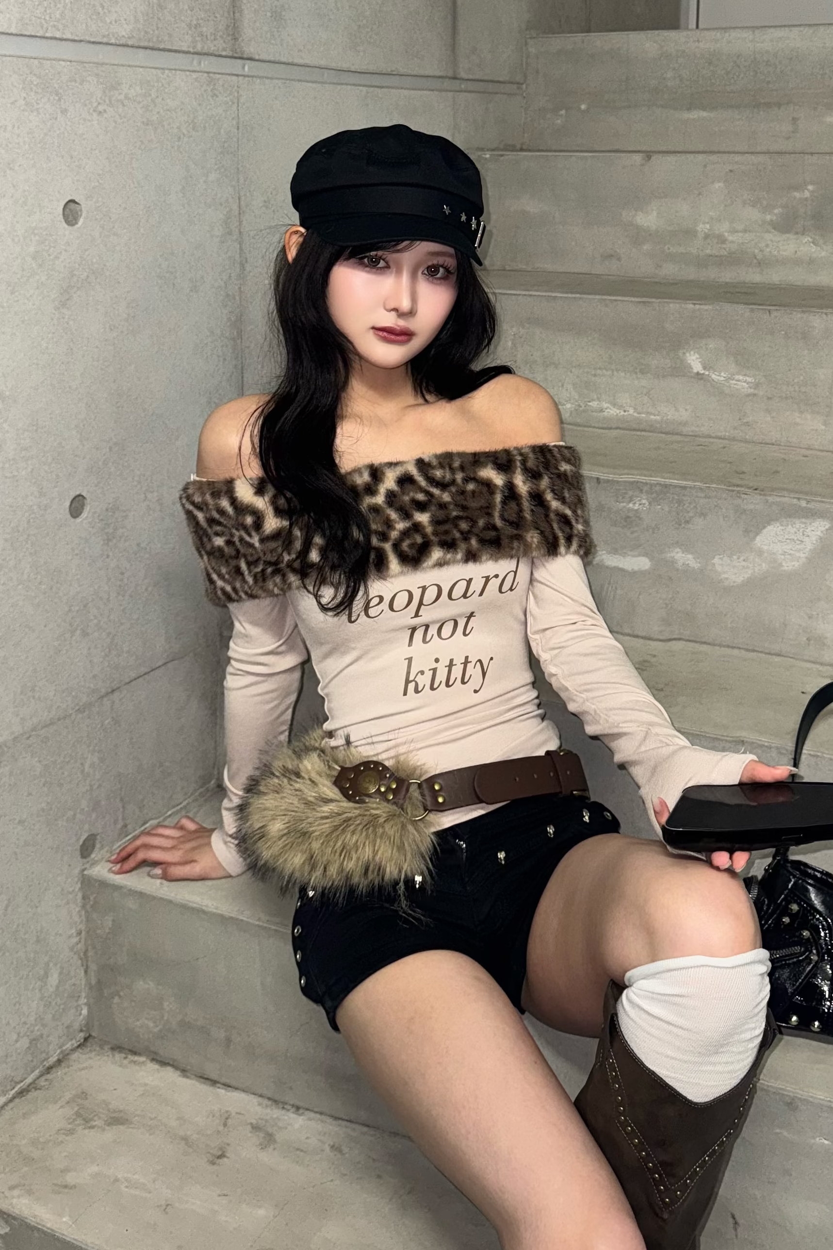 leopard fur slim off shoulder ZC21173