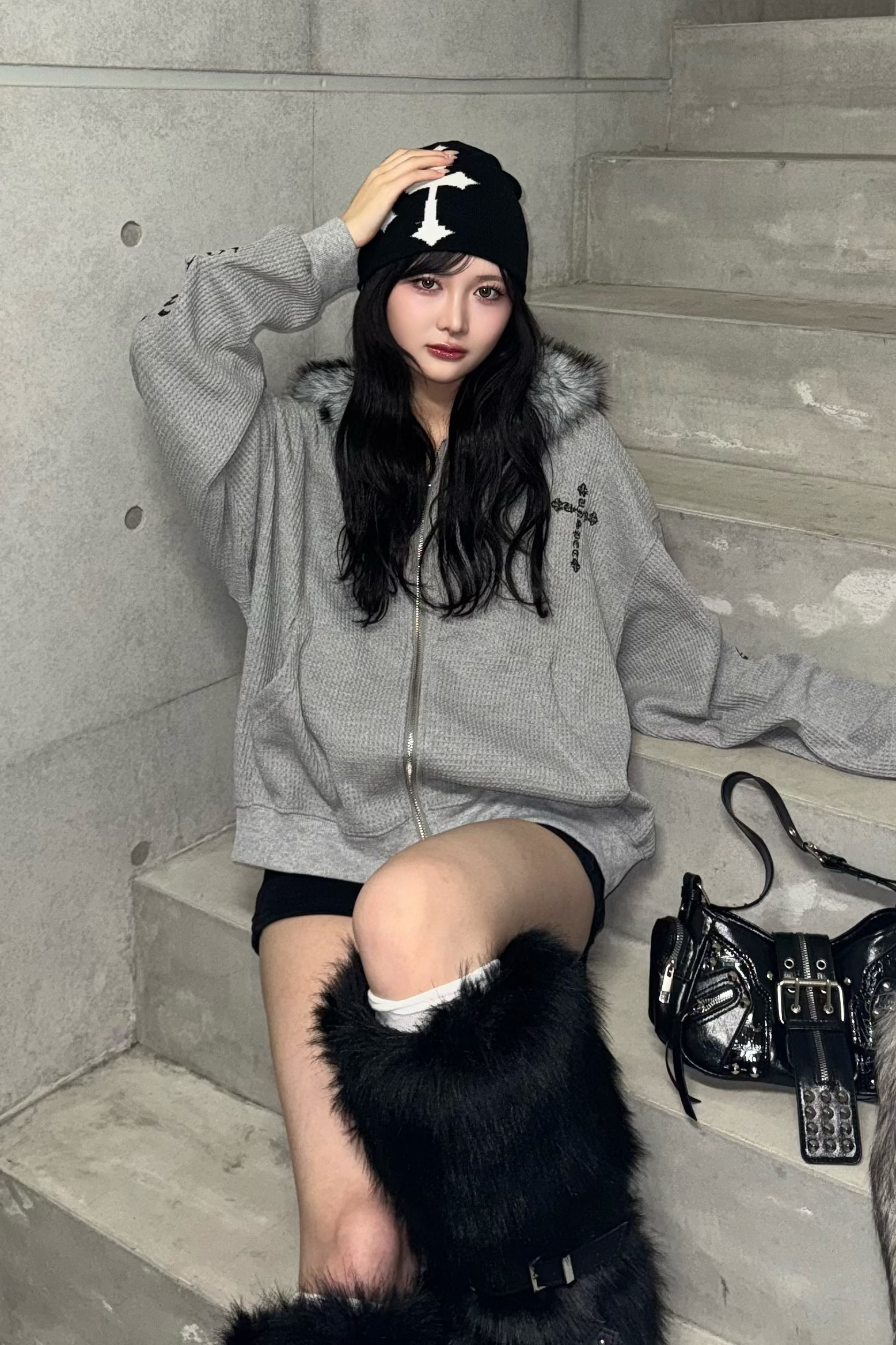 Ash fur waffle hoodie ZC30081