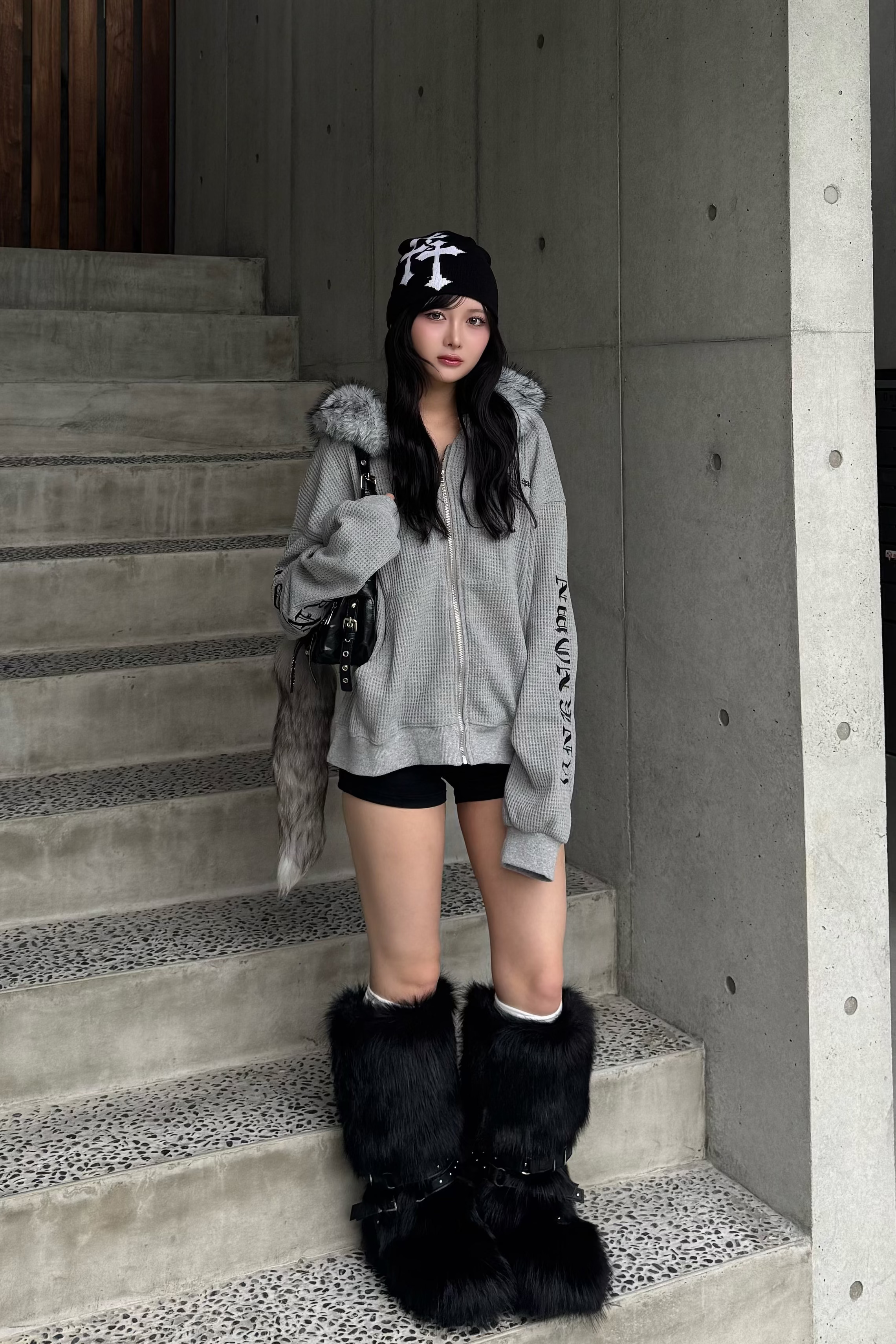 Ash fur waffle hoodie ZC30081