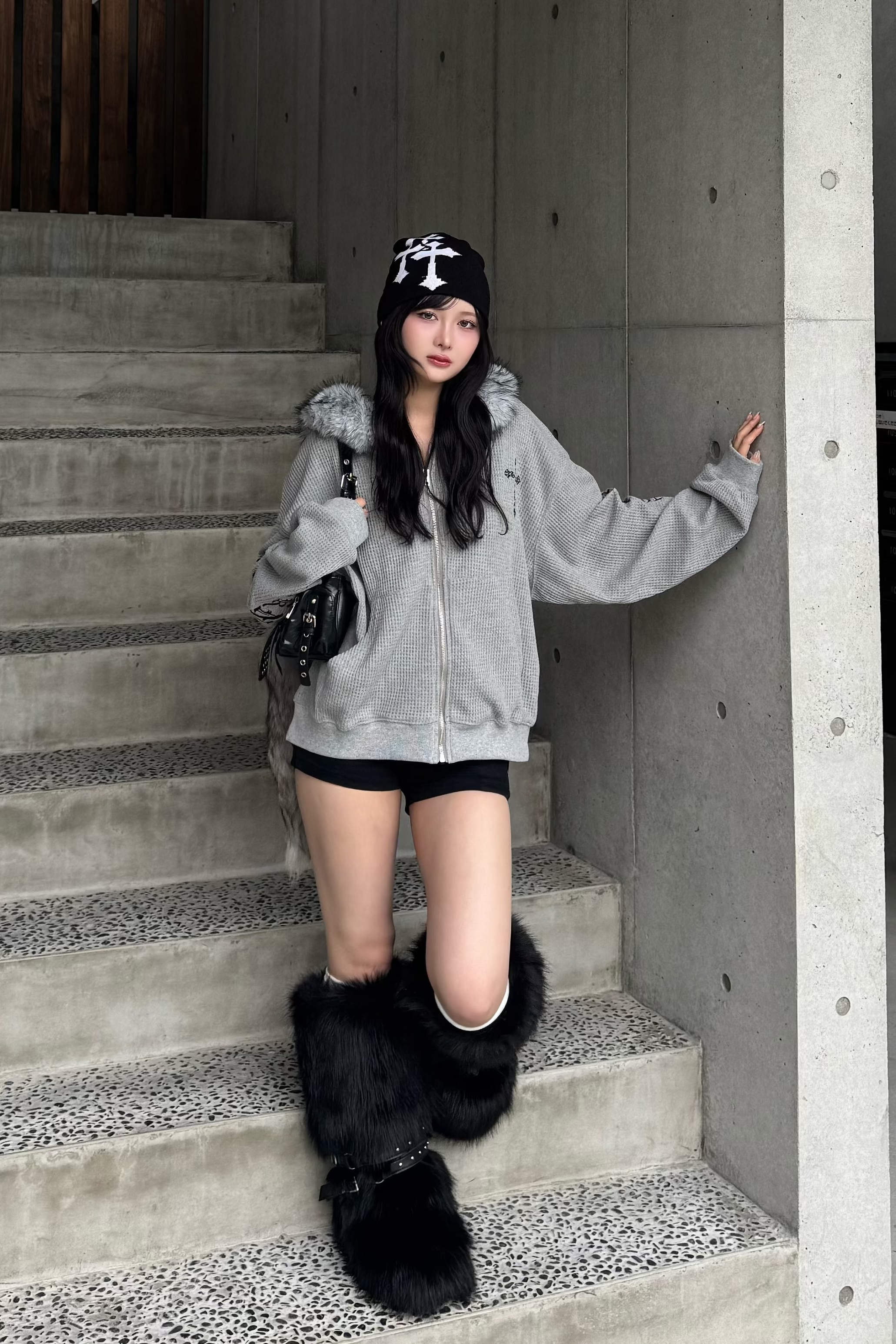 Ash fur waffle hoodie ZC30081