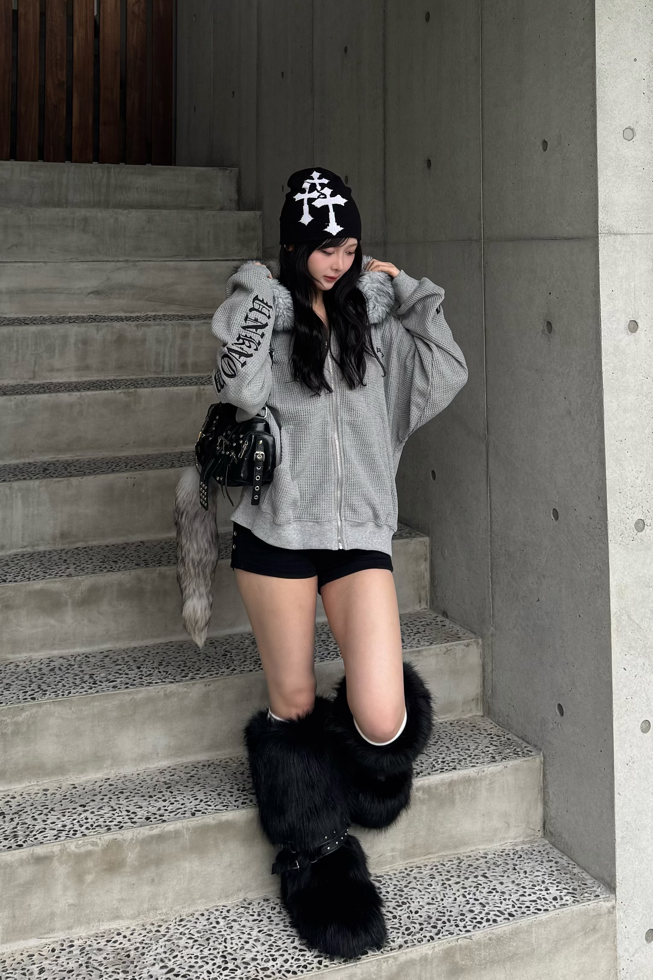 Ash fur waffle hoodie ZC30081