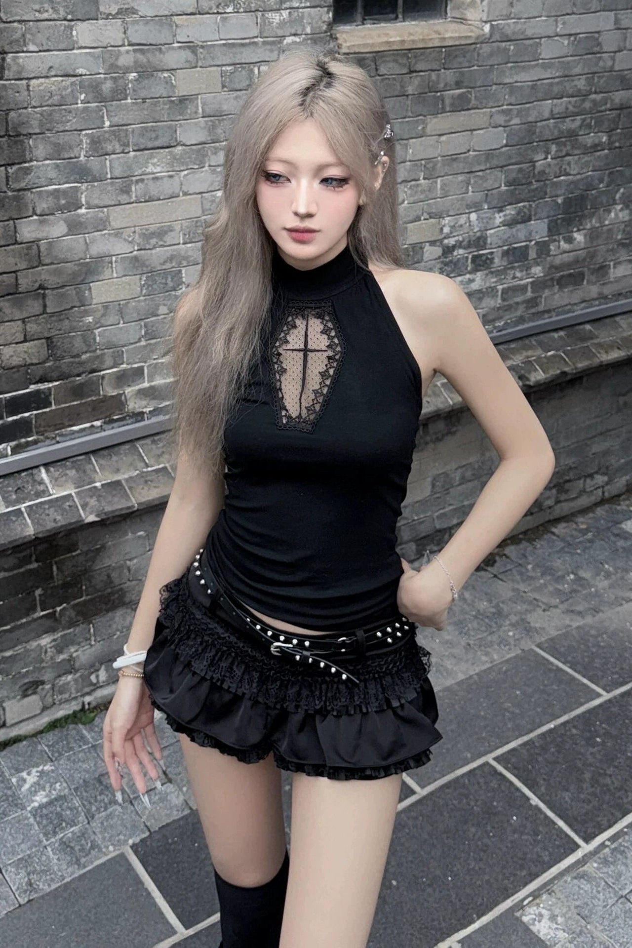 lace cut high neck top ZC21365