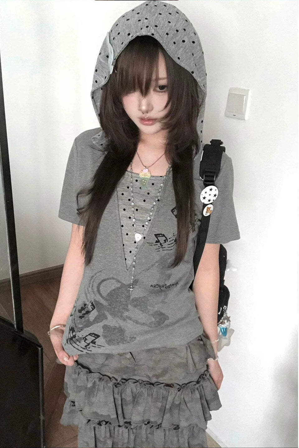 dot layered hood tee ZC21329