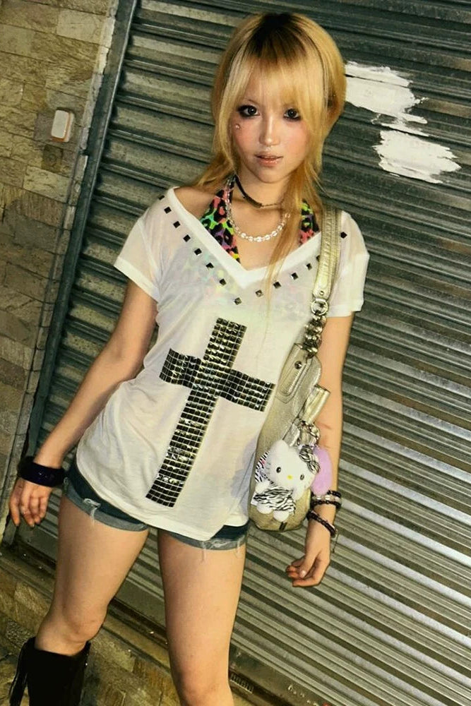 sheer studded cross top ZC21358