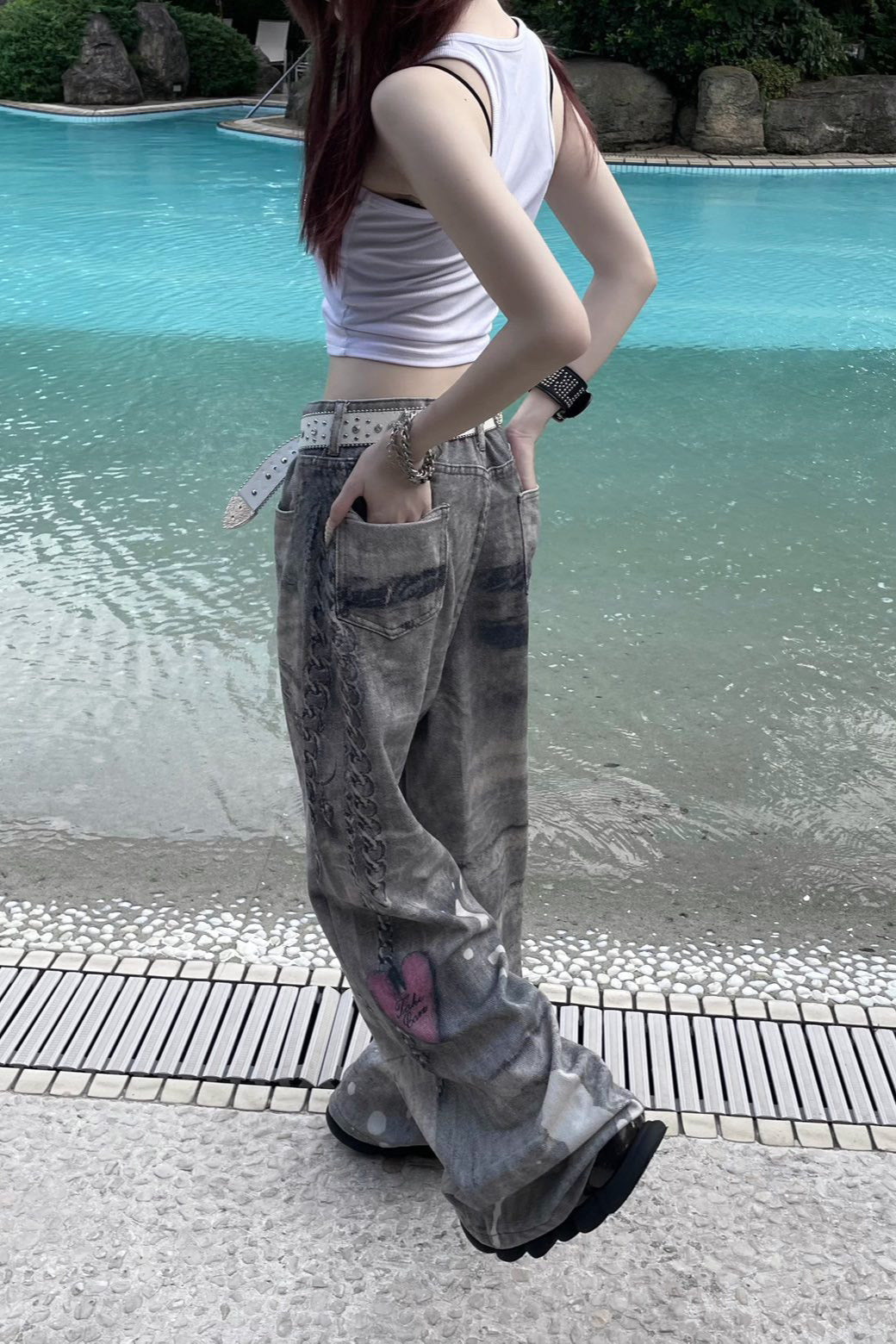 silver chain accent jeans ZC19299