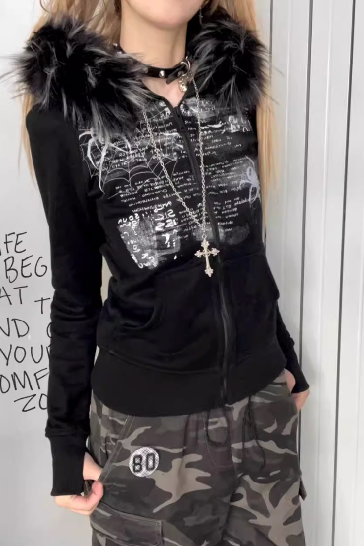 Graffiti spider  fur hoodie ZC20949