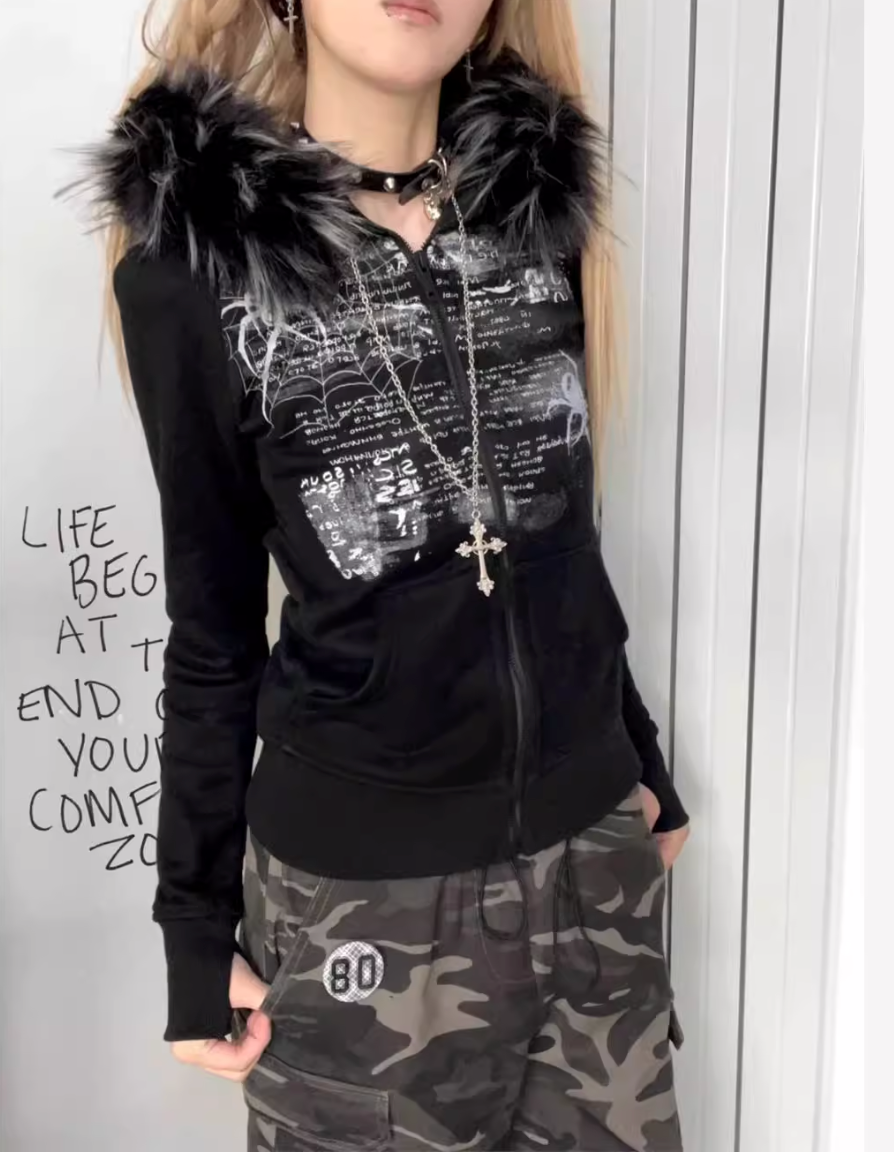 Graffiti spider  fur hoodie ZC20949