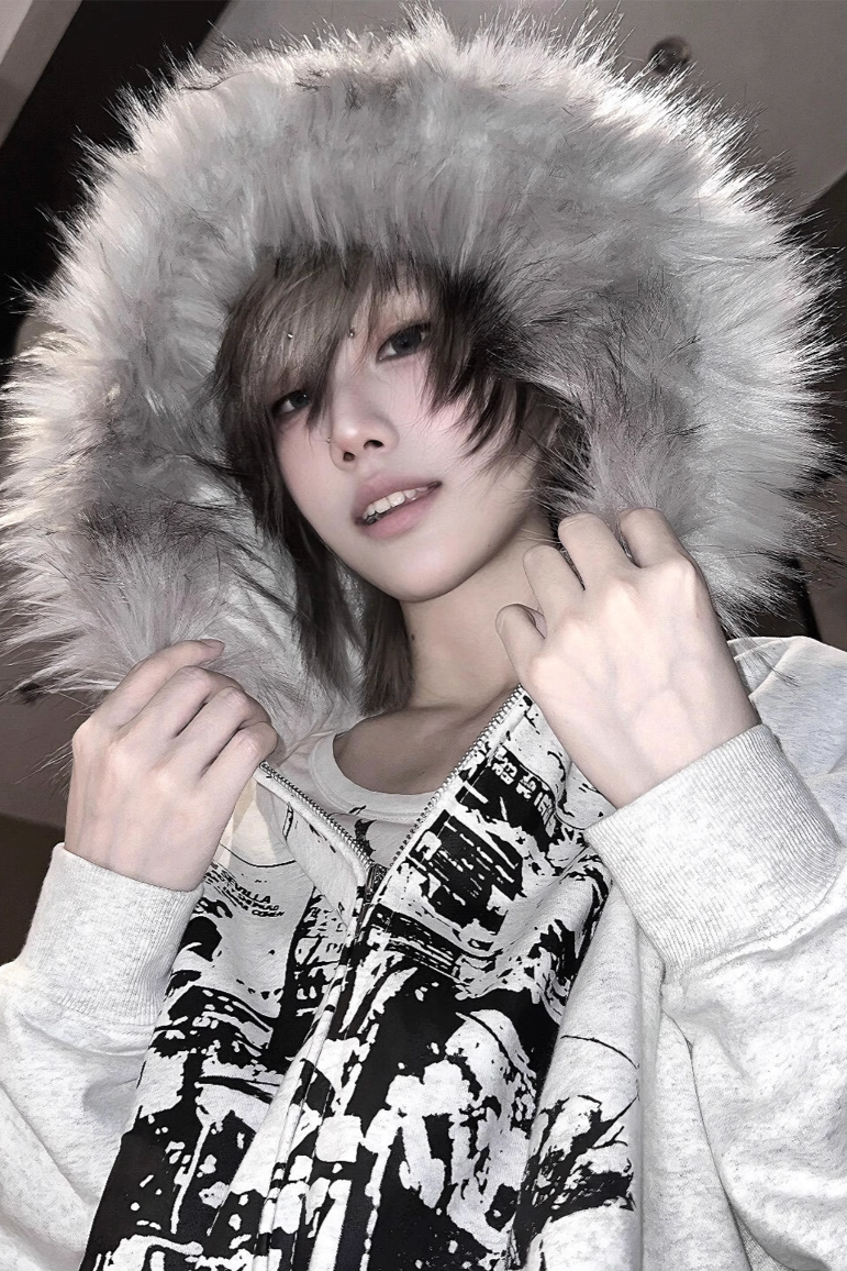 white lettering fur hoodie ZC21120