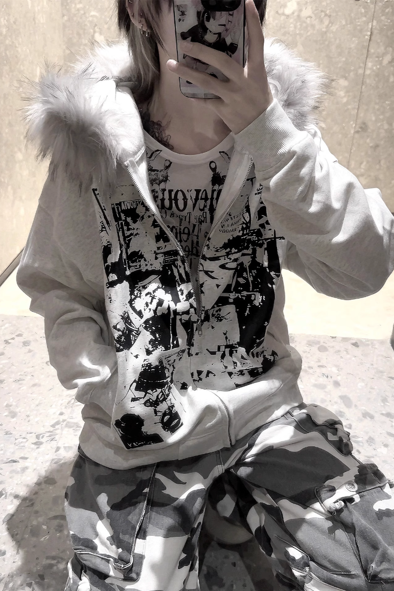 white lettering fur hoodie ZC21120