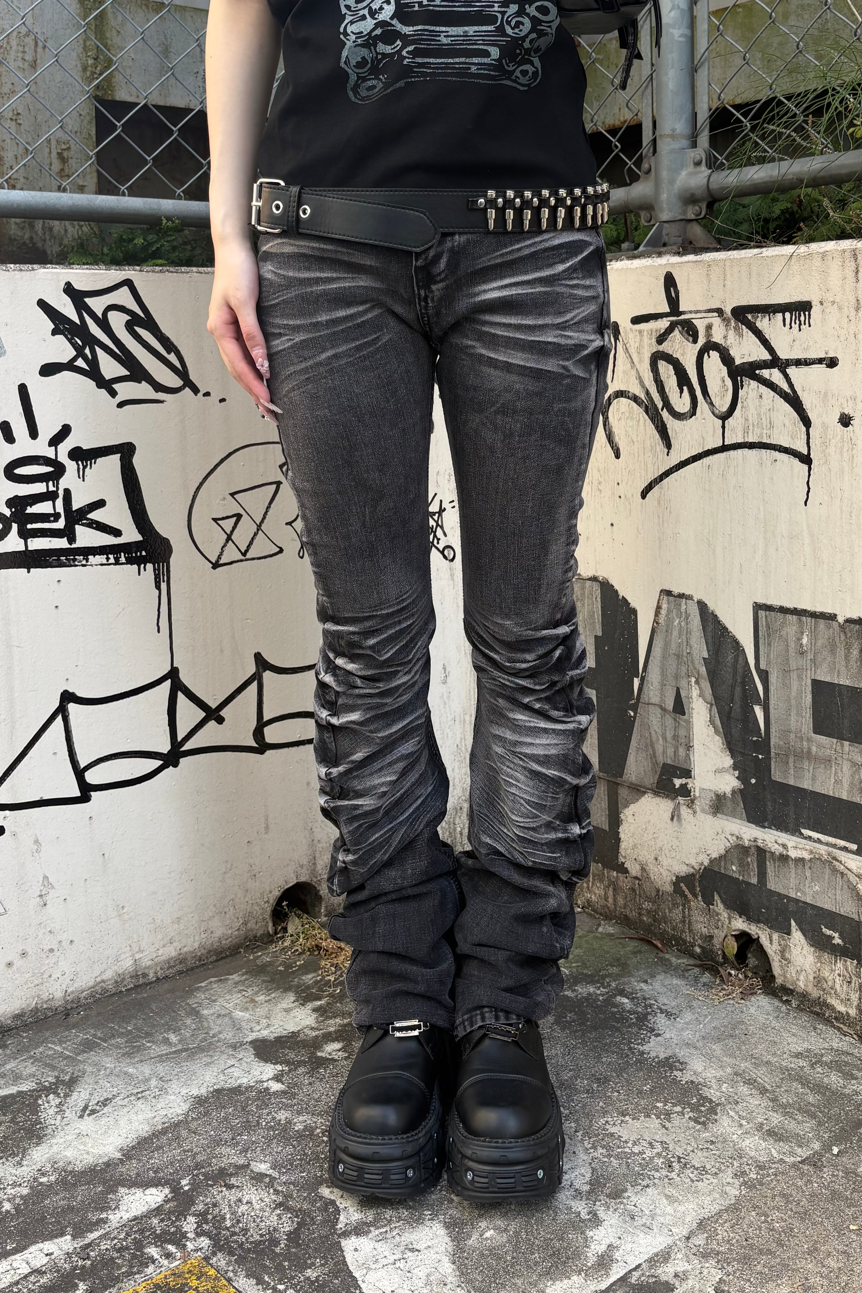 vintage wash gathere denim ZC19436