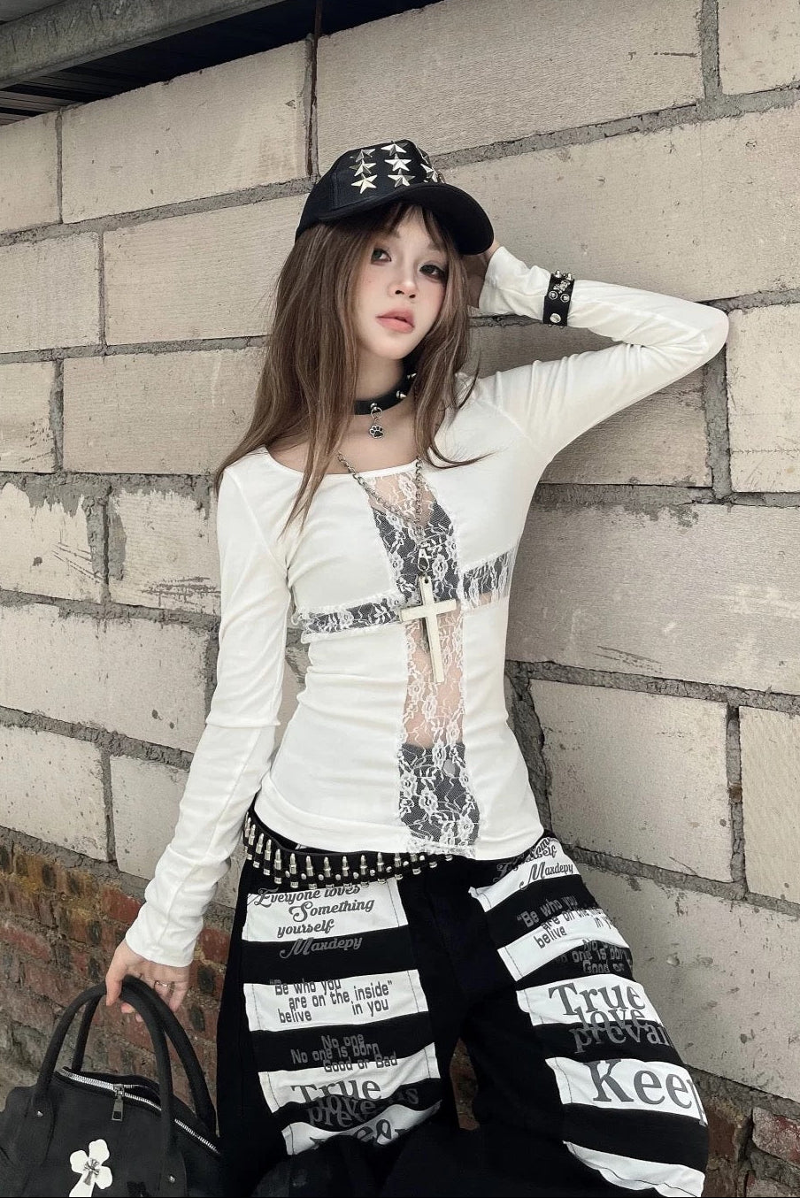 gothic cross lace long tee ZC21225