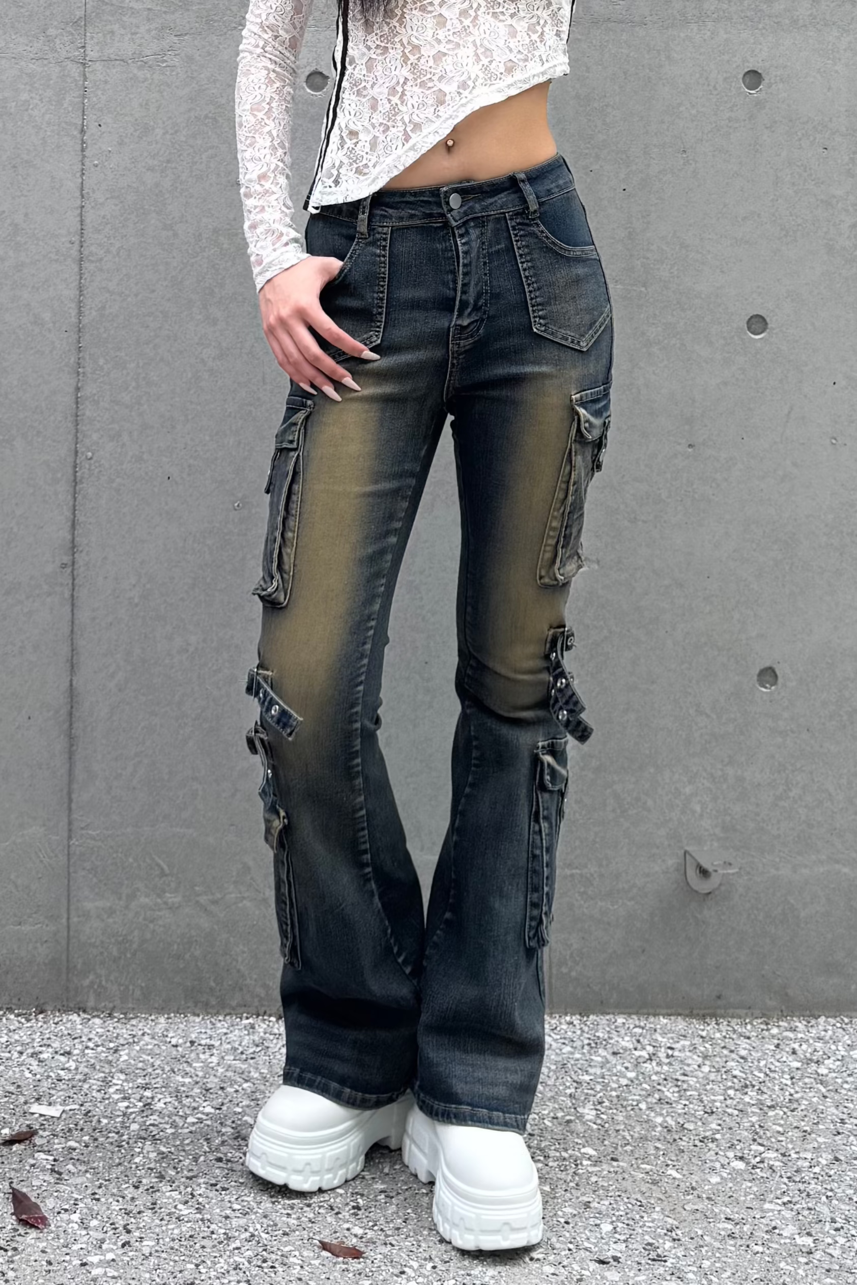 wash design belt flare pants ZC19275