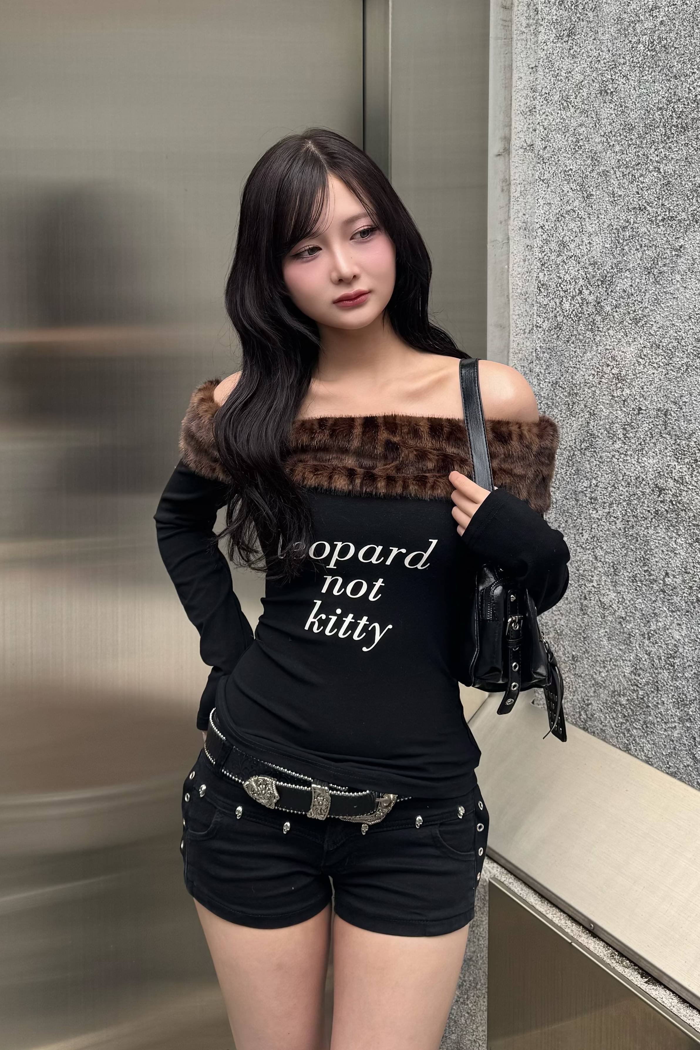 leopard fur slim off shoulder ZC21173