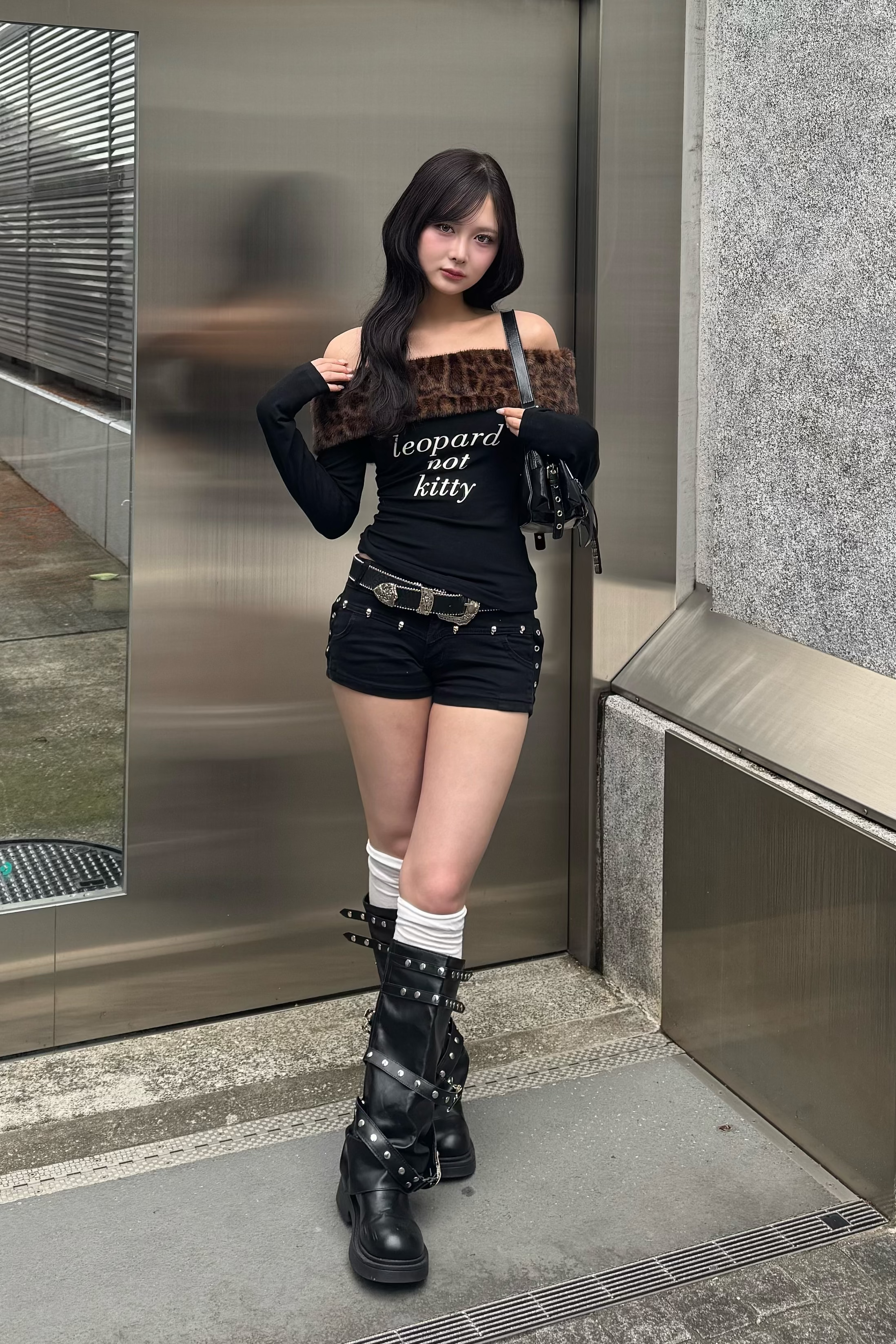 leopard fur slim off shoulder ZC21173