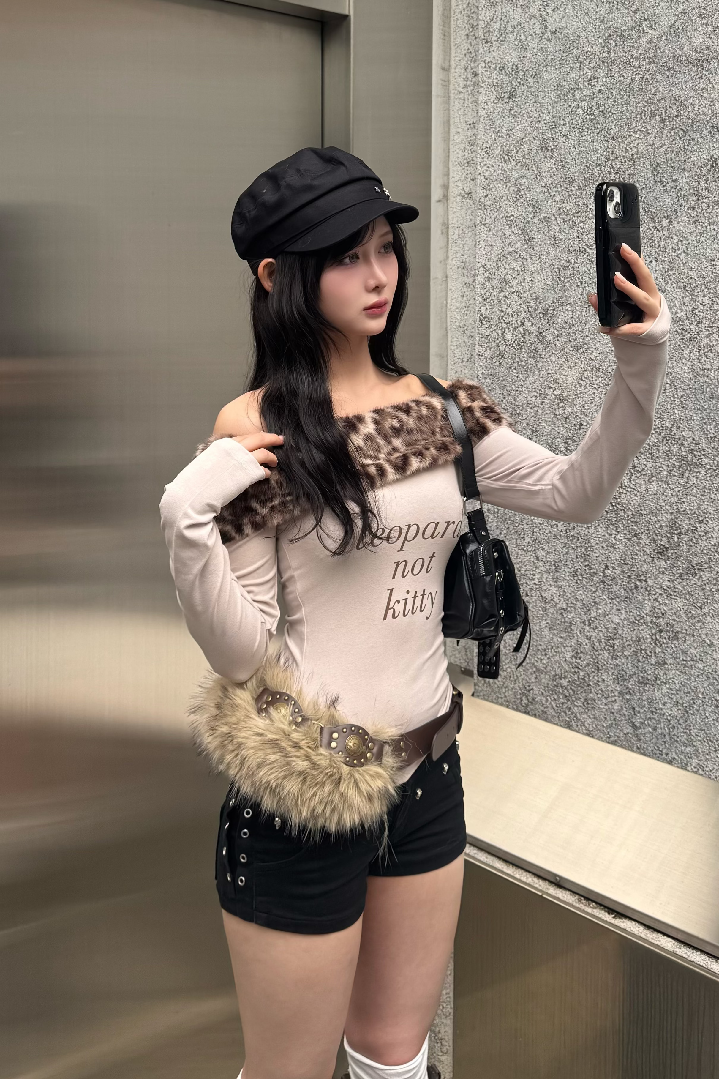 leopard fur slim off shoulder ZC21173