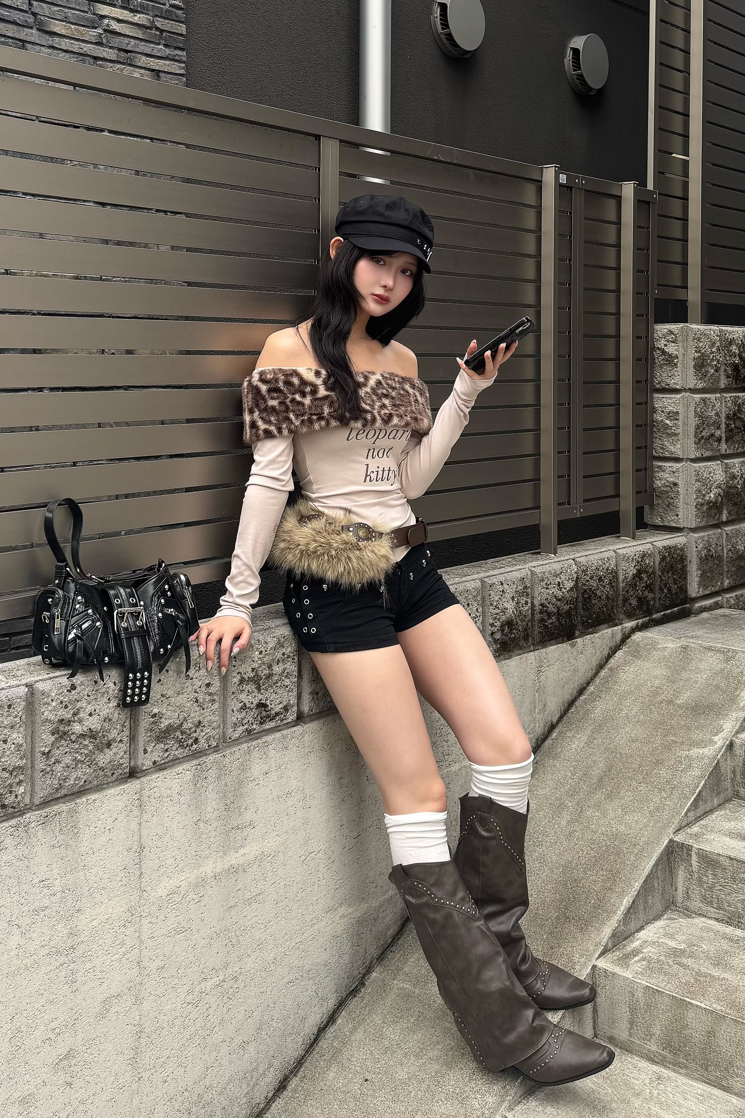 leopard fur slim off shoulder ZC21173