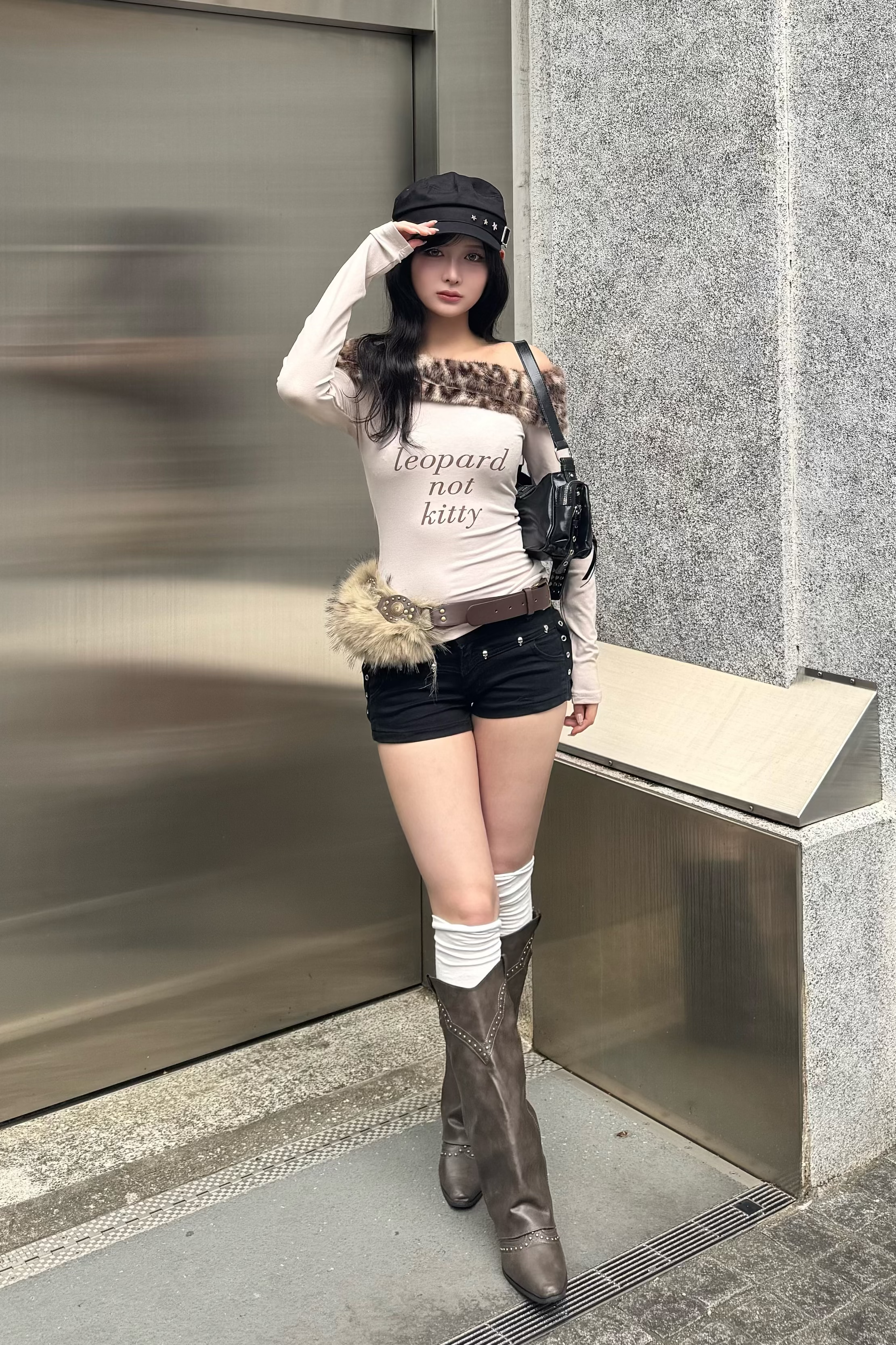 leopard fur slim off shoulder ZC21173