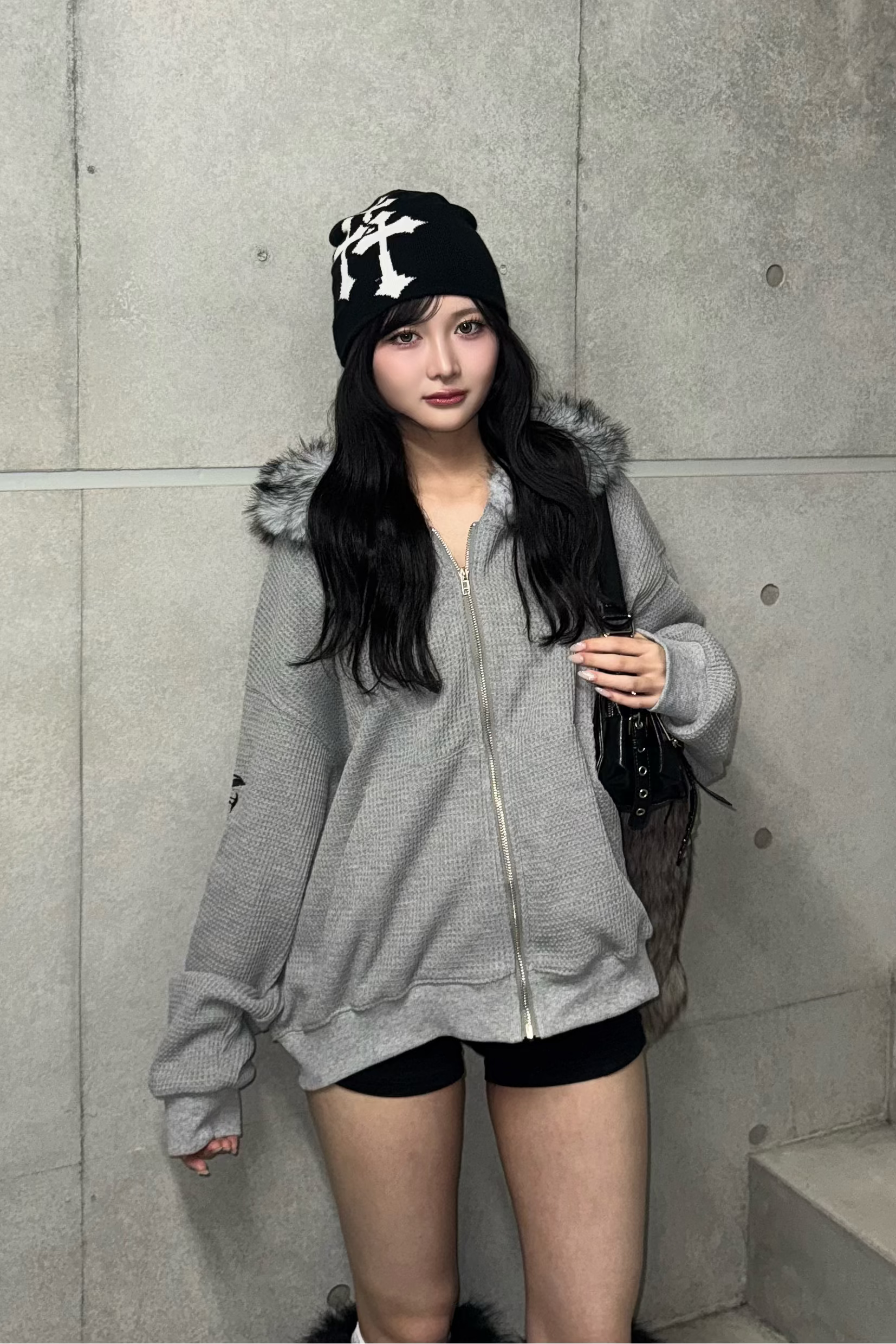 Ash fur waffle hoodie ZC30081