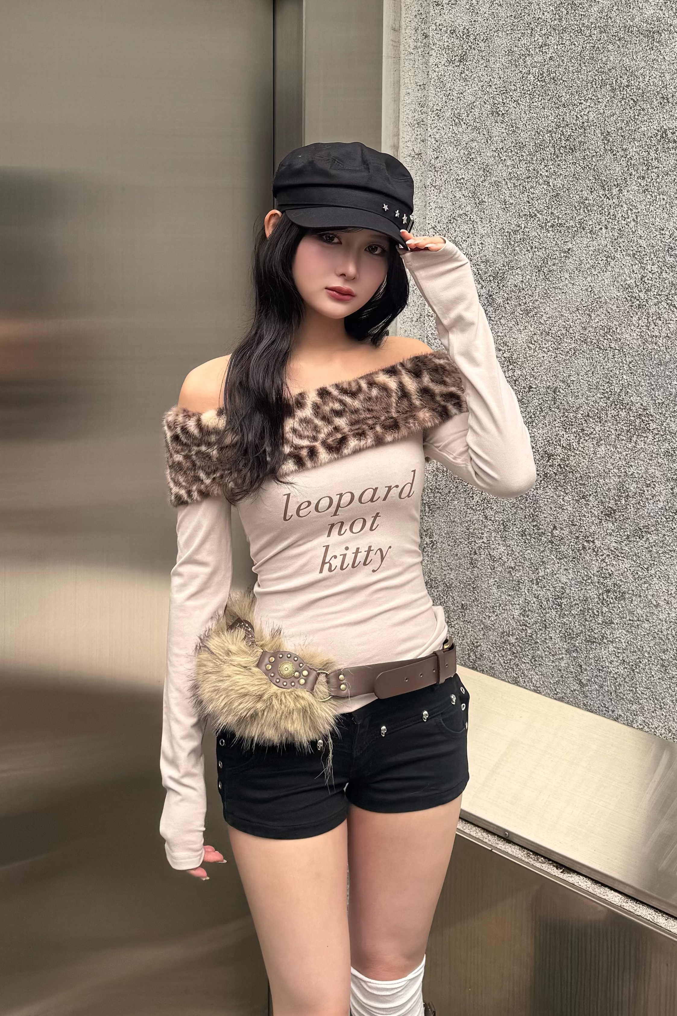 leopard fur slim off shoulder ZC21173