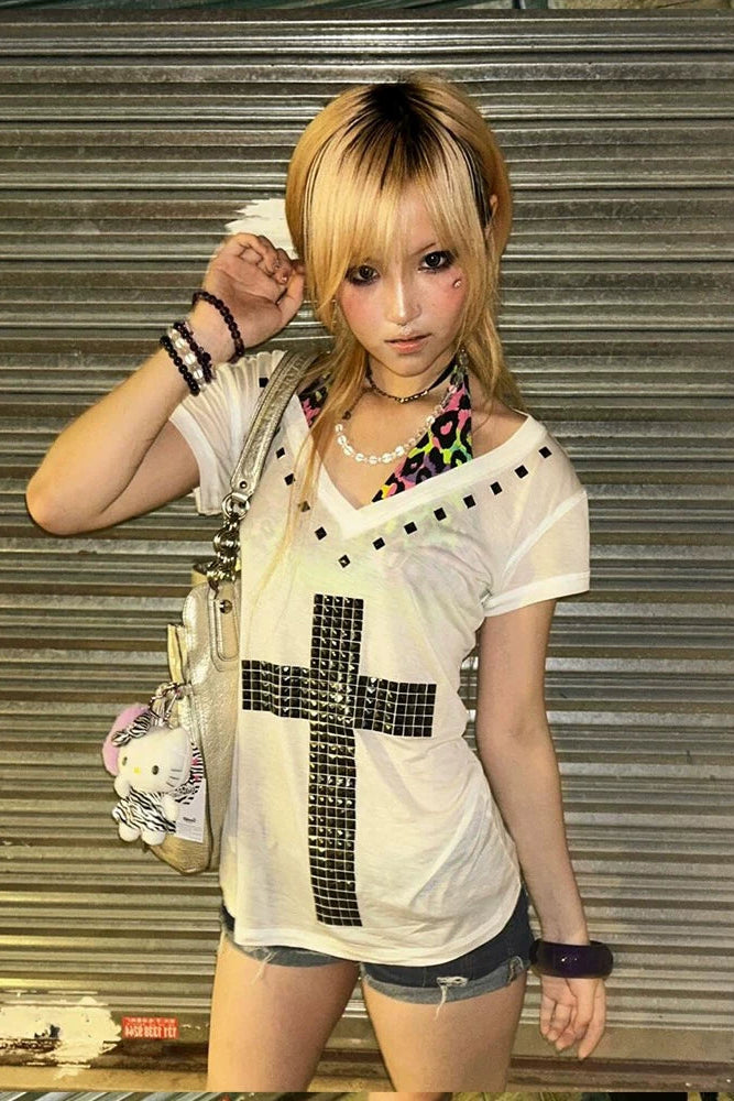 sheer studded cross top ZC21358